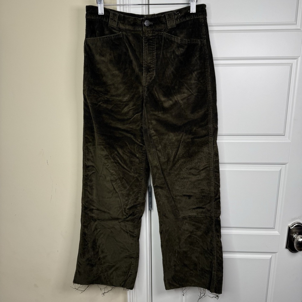 Madewell Emmett Wide-Leg Corduroy Pants Women's 29 (26/25) Green Cropped Raw Hem